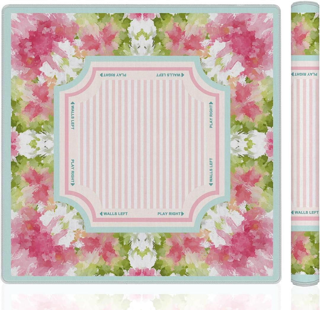Pink and Green Boho Floral Stripes Mahjong Mat 31.5"x31.5",Abstract Watercolor Cottagecore Pink Stripes Non-Slip Noise Reduction Gaming Mat for American Mahjong Poker Card Board Games Dominoes
