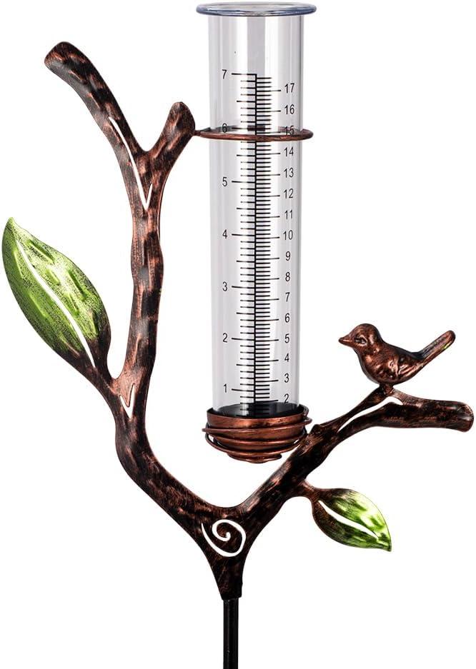 viterlight Rain Gauge Outdoor, Metal Rain Gauge with Stake, 7 Inch Tube Rain Measure Gauge, Decorative Branch Rain Measure Tool for Garden, Lawn, Patio
