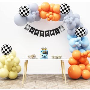 HOUSE OF PARTY Race Car Balloon Garland Kit  Two Fast Birthday Decorations with Blue Orange Yellow Grey & Checkered Balloons, Race Cars Party Supplies