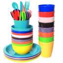 Youngever 54 Pcs Plastic Kids Dinnerware Set of 9 in Assorted Colors, Toddler Dining Set, Cups, Plates, Bowls, Flatware Set, Dishes