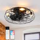 17.8" Low Profile Ceiling Fan with Light Remote Control, E26 Caged Ceiling Fan with Lights, Industrial Ceiling Fans Flush Mount, 6 Speeds Enclosed Bladeless Ceiling Fan