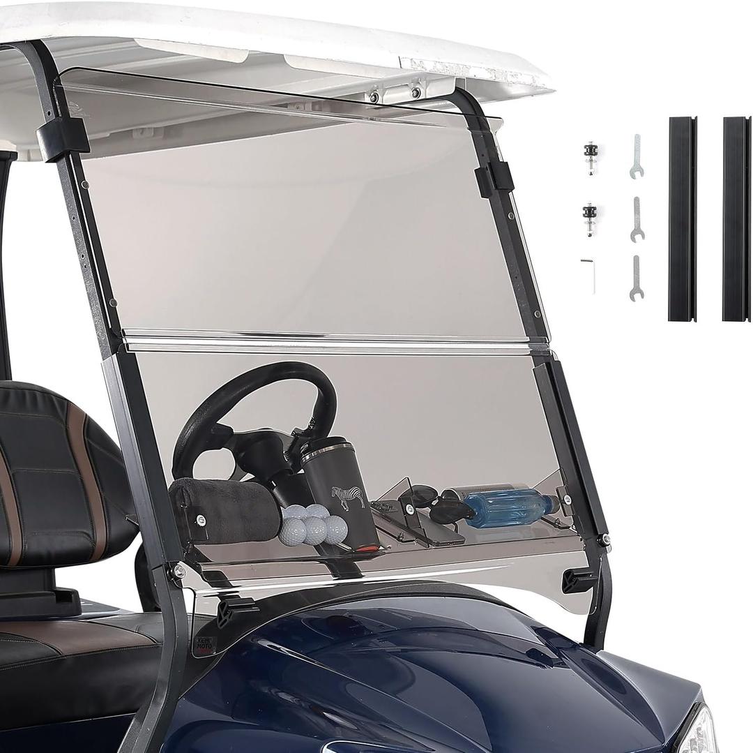 KEMIMOTO Golf Cart Windshield with Storage Basket Compatible with Club Car Precedent Gas/Electric (2004-Up), Foldable Replacement Front Windshield, Anti-UV and Impact Resistant, Patented Design (Tinted)