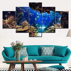 Coral Reef and Fish Paintings Underwater World Wall Art Undersea Pictures Home Decorations for Living Room Aquarium Artwork Gallery-Wrapped 5 Panel Prints on Canvas Framed Ready to Hang(60''W x 32''H)