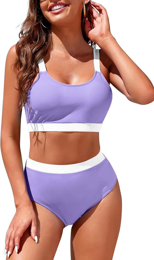Womens High Waisted Bikini Sets Sporty Crop Top Color Block Swimwear Bandeau Scoop Neck Vintage Two Piece Bathing Suits (Medium, Light Purple+white)