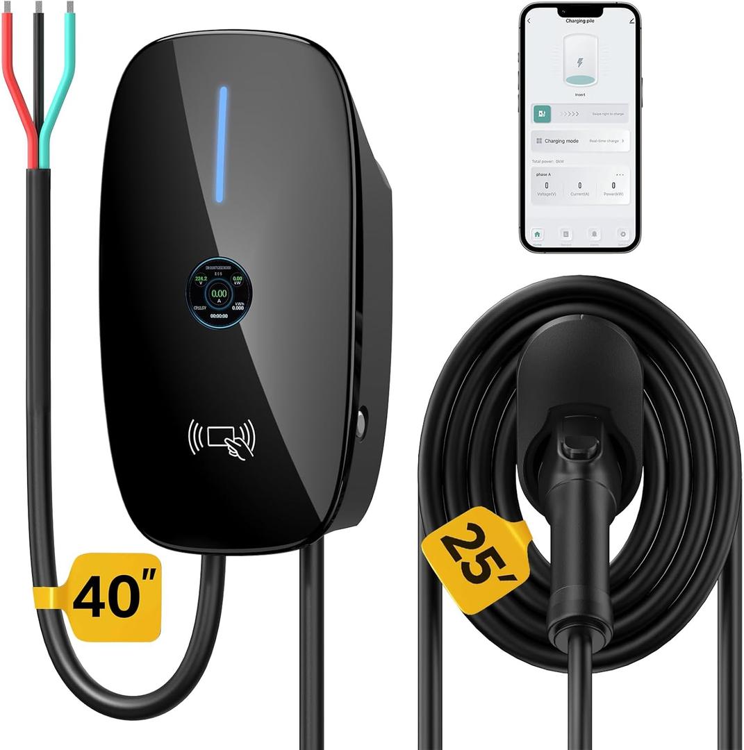 Level 2 EV Charger 48 Amp - J1772 Charger with APP Control, Round Screen Display, Hardwired Installation, WiFi Enabled, 25ft Cable, Indoor/Outdoor, 240V Electric Vehicle Charging Station Black