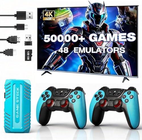 UWDFH Retro Gaming Console, 2026 Gaming Stick Pro, 50000 Games -128GB, 4k HDMI Output, and 2.4GHz Wireless Controller, 48 Classic Emulators, Plug and Play Video Games for TV (Blue)