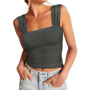 REORIA Womens Sexy Square Neck Double Lined Mesh Sheer Ruched Crop Going Out Tops Y2k Trendy Cute Tank Top Summer Outfits (Gray, S)