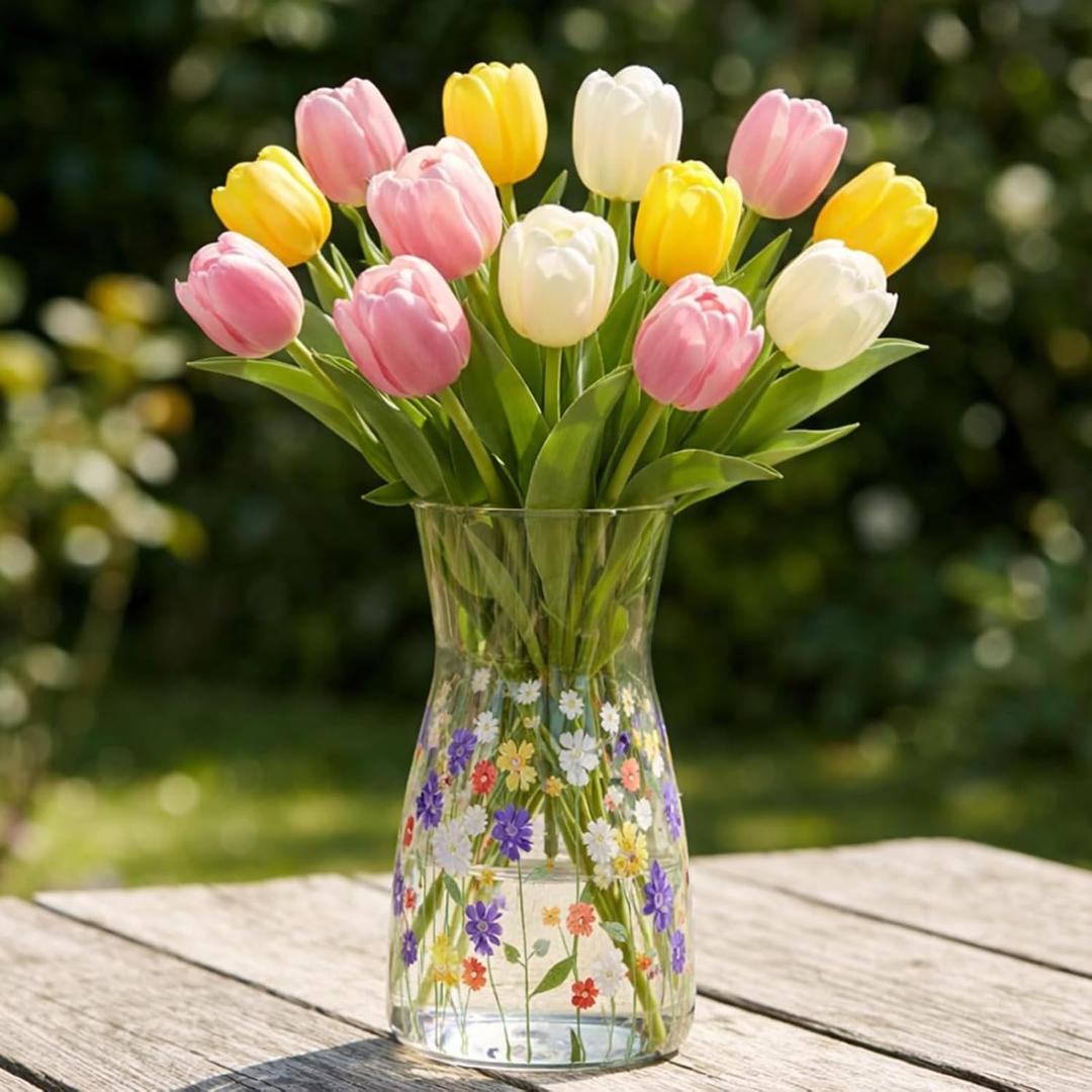 1 Pcs 8 Inch Tall Clear Glass Flower Vase for Tulips Spring Wedding Housewarming Wildflowers Centerpiece Table Home Decor Modern Style Wide Mouth Glass Vase Mother's Day