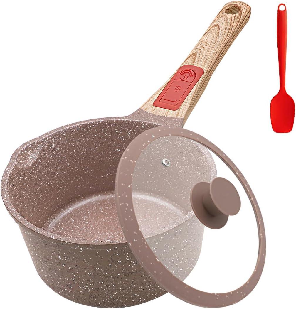 1.5 Quarts Ceramic Nonstick Saucepan with Lid, Small Sauce Pot with Pour Spouts for Multipurpose Use, Milk Pan with Detachable Handle, Oven Safe (Brown)