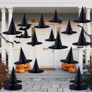 ZeeDix 24 Pcs Halloween Witch Hats Hanging Decor Indoor, Black Floating Witches Hat with 98 Ft Hanging Rope, Wizard Costume Accessories Outdoor Halloween Decorations for Home Yard Porch Ceiling