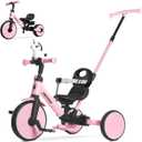 RIDYEE 5-in-1 Toddler Tricycle for Ages 1.55, Parent Steering Push Trike, Tool-Free Convertible to Balance Bike, Safety Belt, Removable Backrest and Footrest, Ride-On Toy for Boys & Girls, Pink