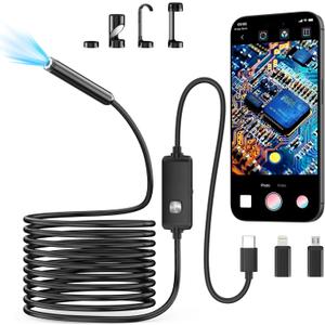 Endoscope Camera with Light,1920P HD Borescope with 8 Adjustable LED Lights, Endoscope with Semi-Rigid Snake Cable, IP67 Waterproof Inspection Borescope for iOS and Android-16.4ft Single Lens