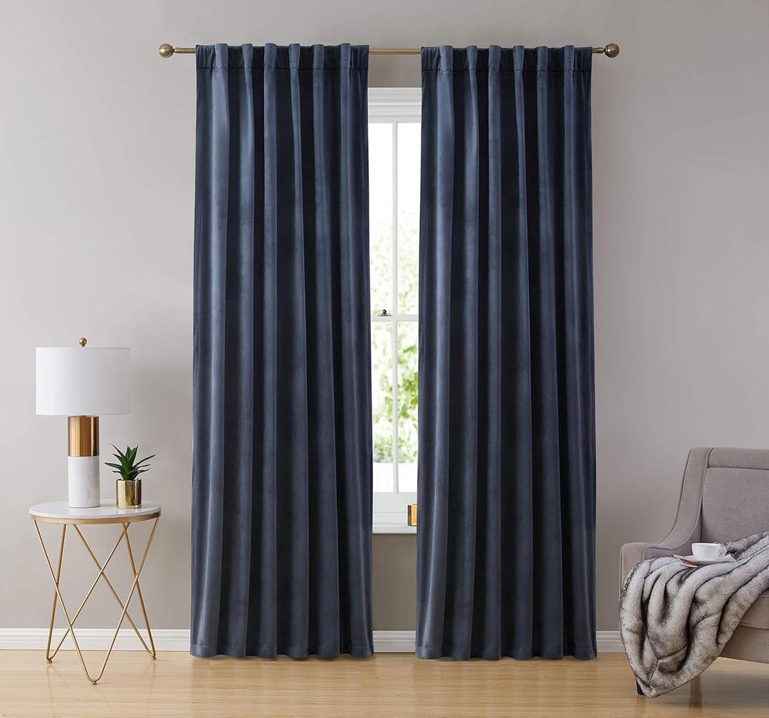 HLC.ME Lopez Velvet Premium Privacy Back Tab Rod Pocket Window Treatment Curtain Drapery Panels for Bedroom & Living Room - Set of 2 Panels (54 x 96 inches Long, Navy Blue)