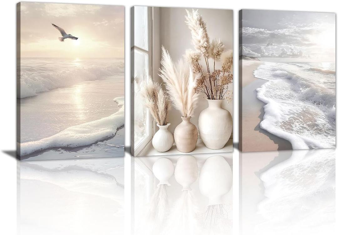 3 Pcs Beach Seaside Wall Art for Bedroom, Modern Beige Reeds Botanical Wall Picture Aesthetic Nature Coastal Sunset Landscape Wall Painting Poster Art Prints for Bedroom Office Home Decor 12"x16"x3Pcs, 16"x24"x3Pcs