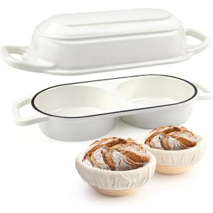 YONILL Mini Double Dutch Oven for Sourdough Bread Baking - Enameled Cast Iron Dutch Oven Pot with Lid and 5" Banneton Bread Proofing Basket Kit, Dual Round Bread Loaf Pan for Homemade Baking (White)