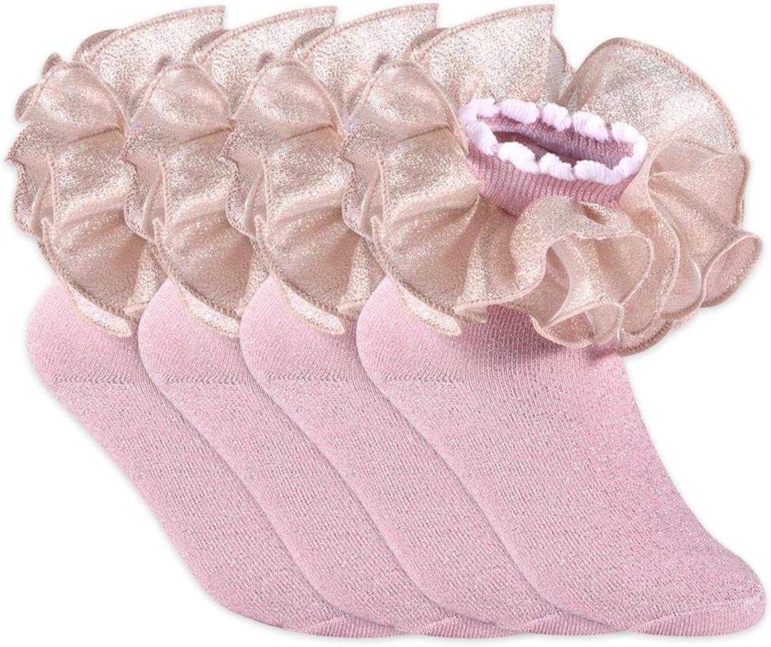 Yepami 4 Pairs Girls Ruffle Socks Big and Shimmering Lace Sock Ruffled Dress Socks for Girl Toddler (Pink, S)