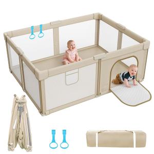 Foldable Baby Playpen: 71 x 59 Super Large Playpen for Babies and Toddlers - Portable Play Pen for Babies with Breathable Mesh & 2 Pulling Handle - Baby Play Yard for Outdoor & Indoor