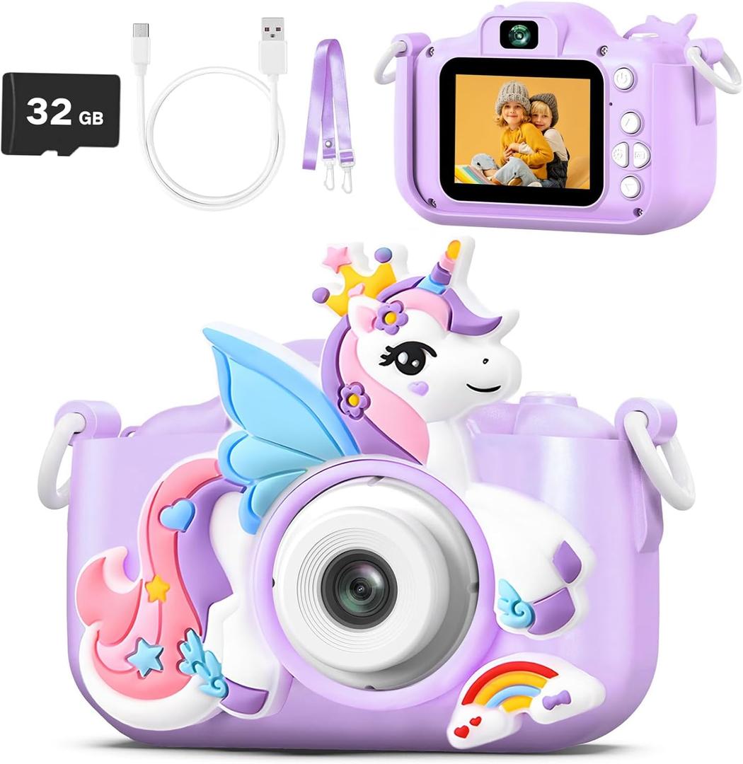 Purple Unicorn Kids Camera Toys for Girls Age 3-8, LETONGJH HD 1080P Toddler Digital Video Camera with 32GB SD Card & Selfie Mode, Shockproof Christmas Birthday Gifts for 4 5 6 7 Year Old