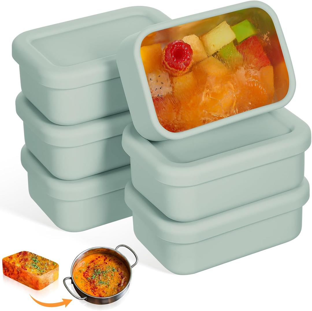 6 Packs 1 Cup Silicone Soup Freezer Molds with Lid Silicone Soup Freezer Trays Rectangle Reusable Food Preserving Tray Freezing Sauces Stews(Sage Green)