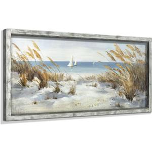Beach Framed Wooden Wall Art: Coastal Oil Painting Style 40"x20" Ocean Pictures Seascape Art Prints Sand Dunes & Sailboat Artwork for Office