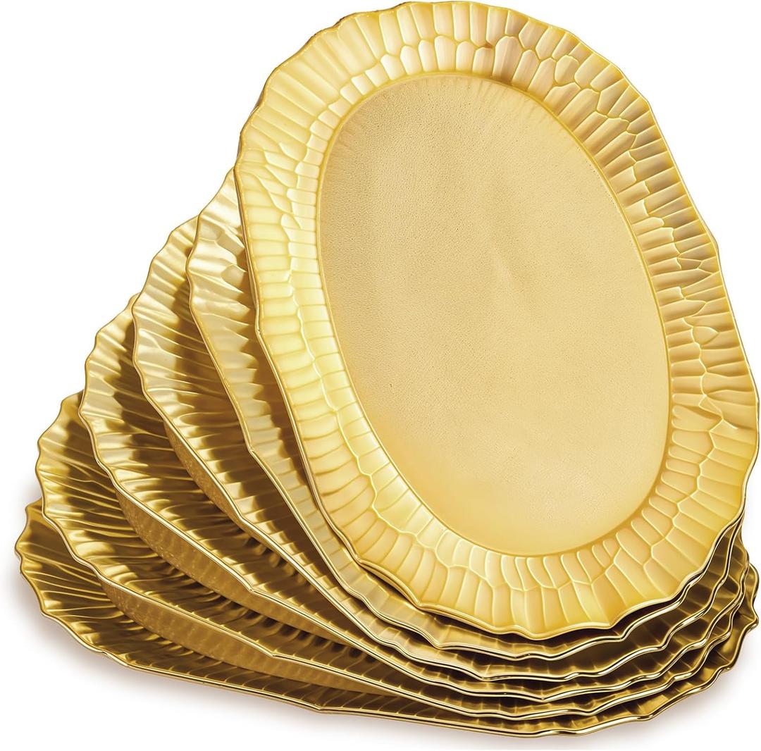 6 Pack Plastic Serving Tray, Gold Serving Platter Set, Reusable Party Snack Serving Tray, Decorative Food Appetizer Platters for Dessert Table, Cupcake, Charcuterie, Cookies, 14" x 8.5"