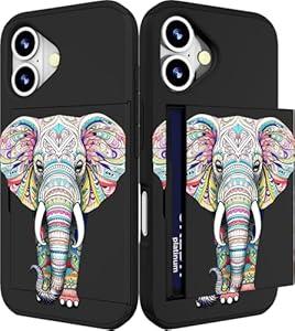 IWONE Compatible for iPhone 16 Plus Case Cute with Card Holder Shockproof Slim Slot Phone Wallet Cover for Women/ African Elephant Design Animal Ethnic Stylized Pink