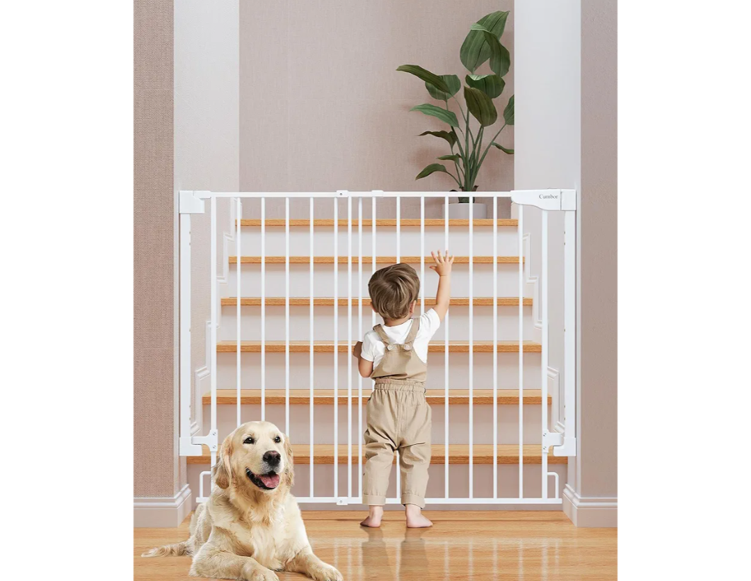 Cumbor 34" Extra Tall No Bottom Bar Baby Gate for Stairs, Wall Mounted Dog Gate Indoor for Larger Pets, Expandable 29.2-43" Safety Gate for Doorways, Wide Walk Thru Door for Easy Access (White)
