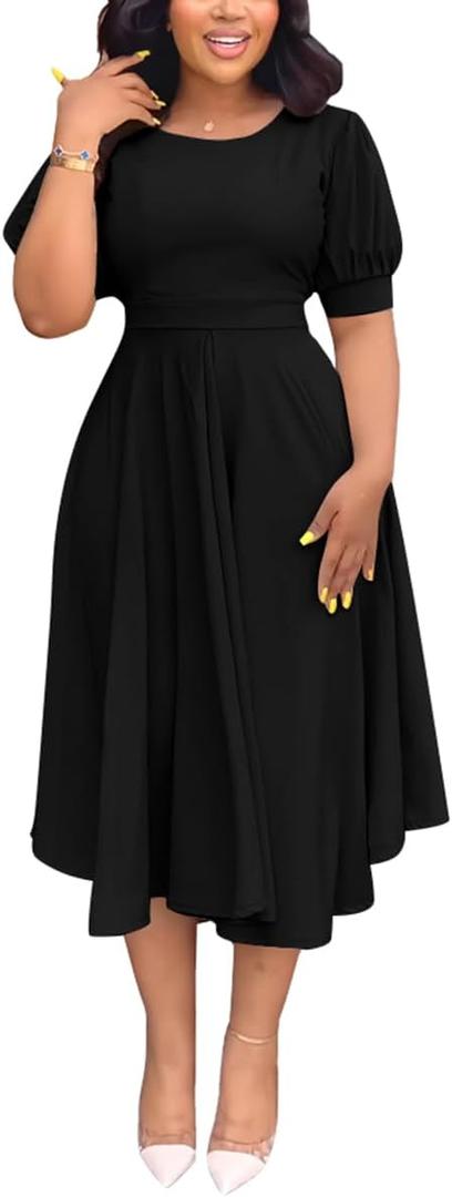 Summer Dresses for Women Semi-Formal Fit Casual Slim Short Puff Sleeve O-Neck Elegant Swing A Line Maxi Dresses (516-black, Large)