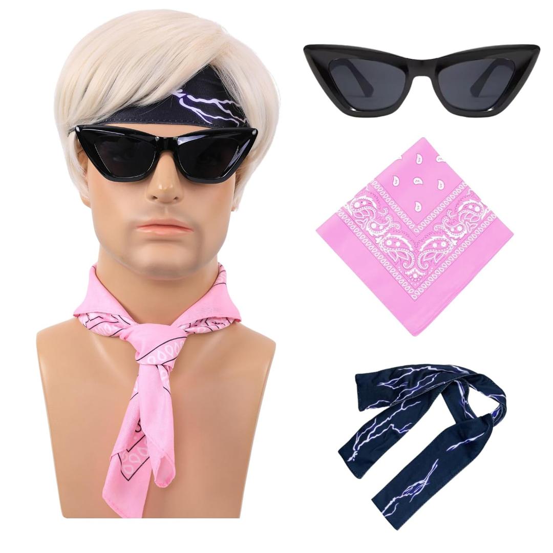 Platinum Blonde Straight Synthetic Men's Wig Set with Black Sunglasses Head Band and Neckerchief for Prince Cosplay Halloween Daily Wear