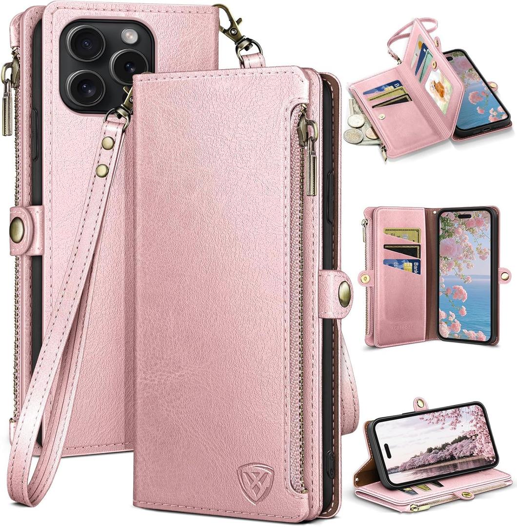 XcaseBar Compatible with iPhone 16 Pro 6.3" Wallet case with Zipper Credit Card HolderRFID Blocking,Flip Folio Book PU Leather Phone case Shockproof Cover Women Men for Apple 16 Pro case Rose Gold