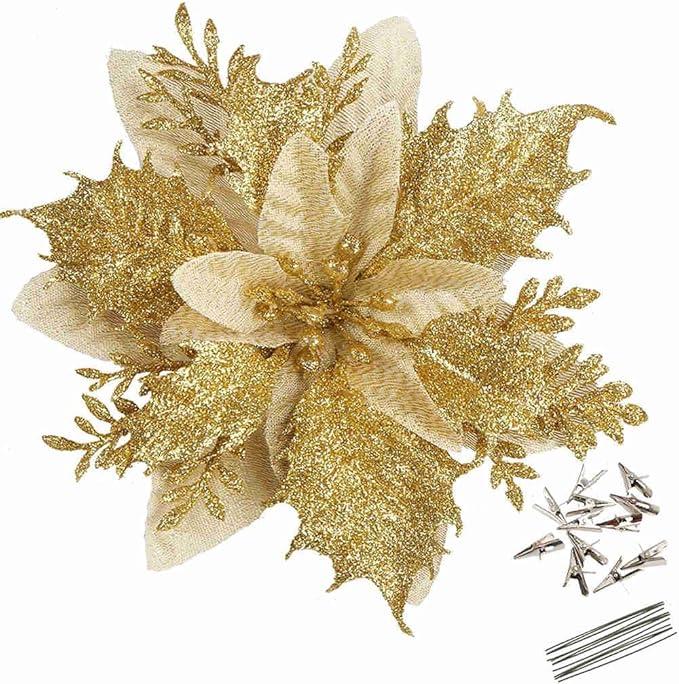 GREENTIME 12 Pcs Glitter Poinsettia 5.5" Artificial Flowers Christmas with Clips Stems Xmas Tree Ornaments for New Year Party Stairs Fireplace Porch Balcony Garden Church Wreath Decoration (Golden)