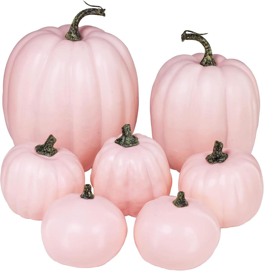 Winlyn 7 Pcs Assorted Sizes Fall Artificial Peach Pink Pumpkins Harvest Faux Foam Light Pink Pumpkins for Fall Autumn Season Halloween Thanksgiving Harvest Festive Tabletop Decoration