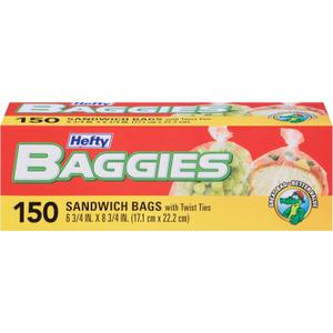 Hefty Baggies Food Storage Bags, Sandwich, Twist Tie, 150 Count