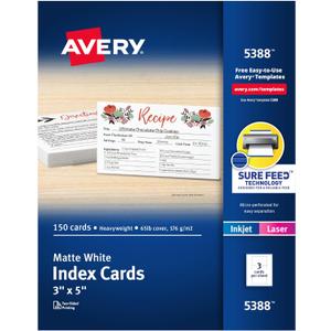Avery Printable Index Cards with Sure Feed Technology, 3" x 5", White, 150 Blank Index Cards for Laser or Inkjet Printers (05388)
