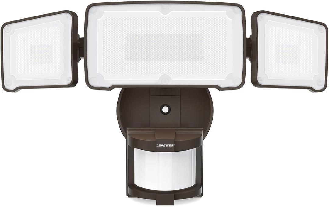 LEPOWER LED Security Light Motion Sensor Light Outdoor, 38W 4200LM Motion Security Light, 5500K, IP65 Waterproof, 3 Head Motion Detected Flood Light for Garage, Yard, Porch (Brown)