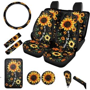 BIGCARJOB Sunshine Sunflower Car Seat Covers Full Set 12 Pcs Cute Dog Paw Print Car Accessories Interior Seat Protector for Womens Seat Belt Cover,Armrest Pads,Cup Holder Coaster