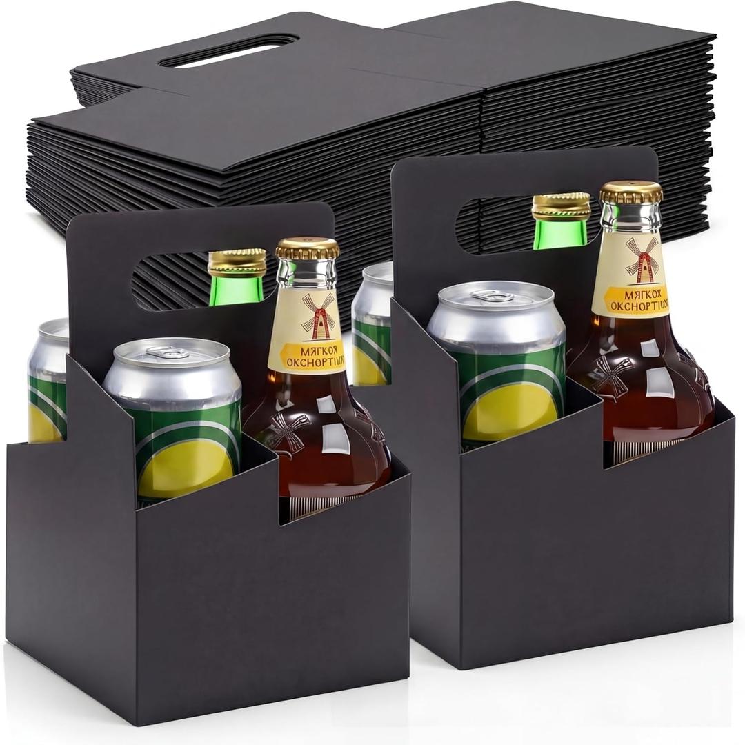 Jetec 50 Pcs 4 Cup Drink Carrier with Handle, Kraft Paperboard Beer Carrier, Disposable Drink Holder for Hot or Cold Drinks, 12-16 oz Bottle Holder for Food Delivery Beverages (Black)