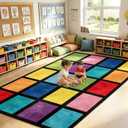 5x7.6 ft Rainbow Color Squares Classroom Rug Happy Squares Educational Area Mat Rainbow Themed Colorful Play Carpet Back to School Learning Mat for Elementary Preschool Nursery(Rainbow Color)