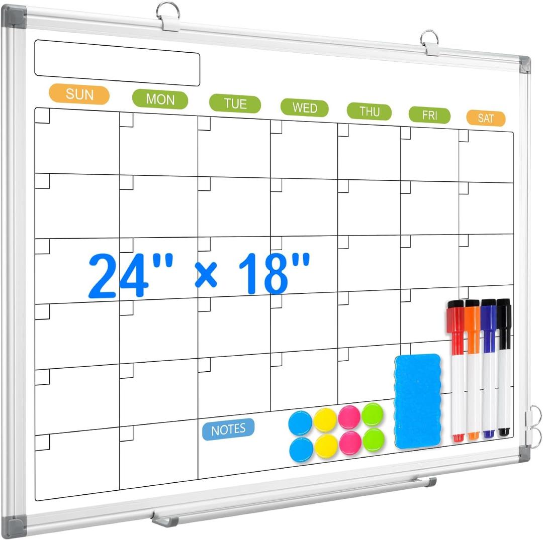 Dry Erase Calendar Whiteboard for Wall, 24" x 18" Magnetic Monthly White Board Calendar, Hanging Double-Sided White Board for Planning, Memo, School, Home, Office (Silver Frame)