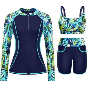 Women 3 Piece Rash Guard - Long Sleeve Swimsuit Built in Bra Swim Shirt Zip Bathing Suit with Pocket Shorts (Medium, Blue Leaves)