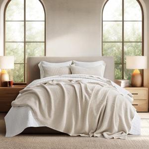 EverGrace 100% Cotton Waffle Bed Blanket Queen Size, Soft Premium Cotton Coverlet Set with 2 Matching Shams, Lightweight All Season Bedding Set, Oversized Bedspread 92x96, Birch