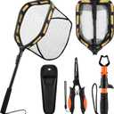 PLUSINNO Floating Fishing Net for Steelhead, Salmon, Fly, Kayak, Catfish, Bass, Trout Fishing, Rubber Coated Foldable Landing Net with Fixed or Telescoping Pole Handle, Fishing Gear and Gifts for Men (Large, 11.8"/30cm Hoop Size 0.8M Orange (Fixed Pole)With Accessory)