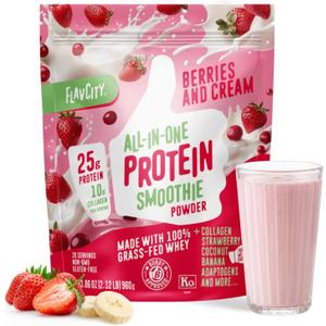 FlavCity All in One Protein Shake Powder, Berries and Cream - On the Go Meal Alternative + Collagen Peptides, Reishi & Cordyceps - Focus, Skin, Hair & Joint Support - 100% Grass Fed Whey, 20 Servings