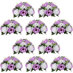 NUPTIO Flower Wedding Centrepieces for Tables - 10 Pcs 9.5in Diameter Lilac & White Artificial Flowers Rose Ball for Centerpieces Table - Fake Rose Arrangements for Weddings Birthday Party Decor
