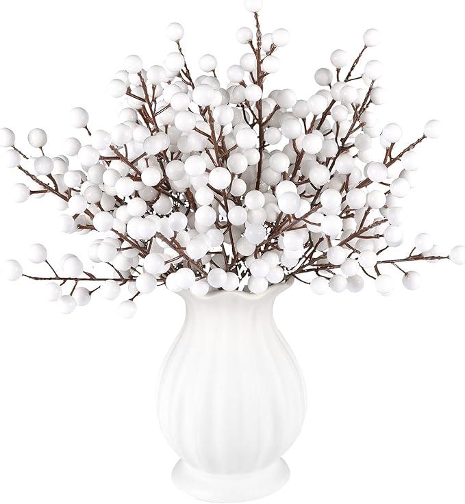 Rowfad 40 Pcs Artificial Berry Stems Branches, Christmas White Faux Holly Berries Picks Ornaments for Christmas Tree Wreath DIY Craft Decorations Holiday Home Decor (40, White)