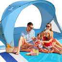 Beach Tent Sun Shelter, Beach Tent with Beach Mat Set, 4 Person Portable Beach Shade Canopy with UPF 50 UV Protection, Dual-Door Ventilation Design, Easy Setup Family Beach Umbrella (Blue)