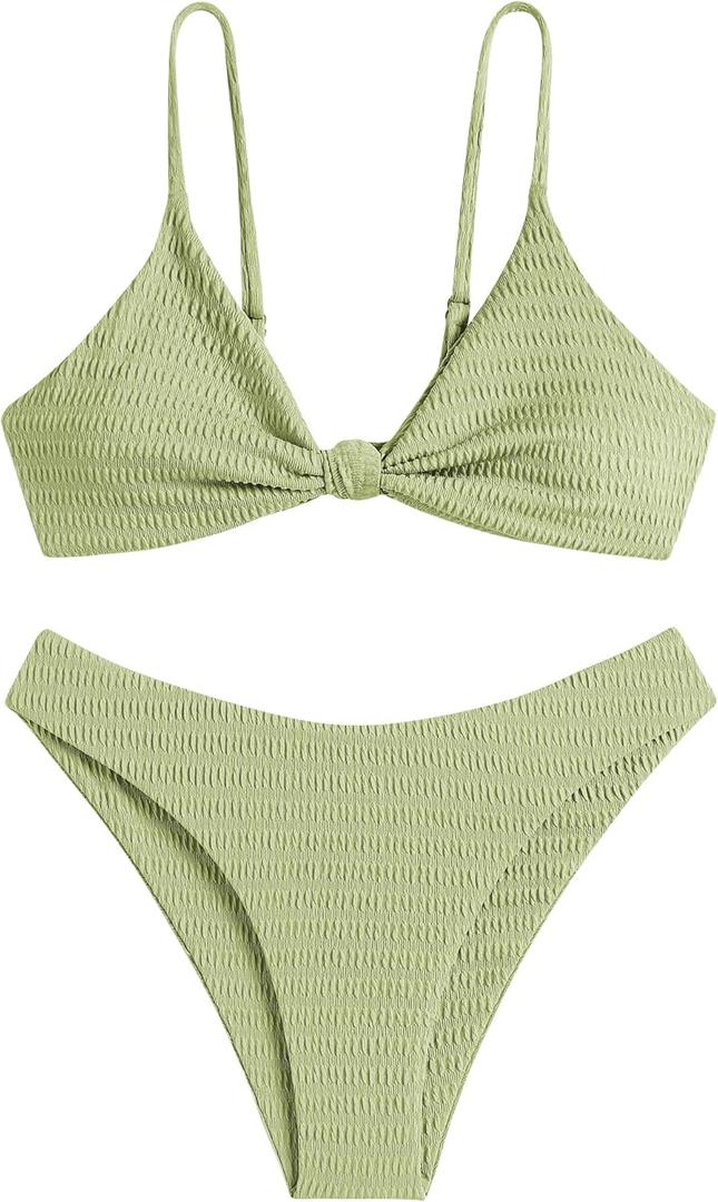 ZAFUL Women's Solid High Cut Cheeky Textured Twisted Knot Bikini Set Two Piece Swimsuit (3-Green#8, M)