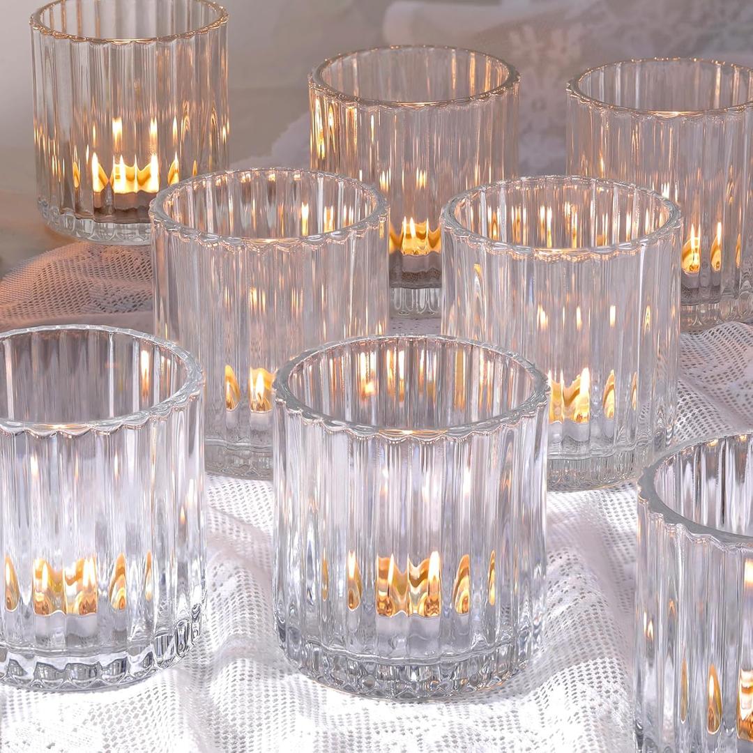 Glass Large Votive Candle Holder Set of 8, Tea Lights Candle Holders for Wedding Table Centerpieces, Boho Decor, Home Dinner Birthday Party Decor, Bridal Shower and Holiday Decorations (Clear)