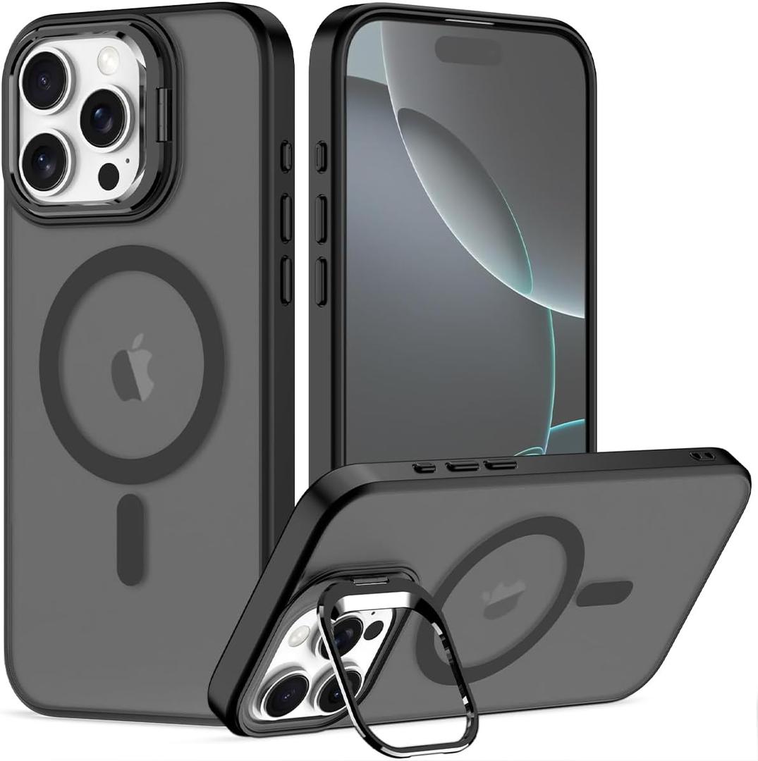 Nvollnoe for iPhone 16 Pro Max Case Compatible with MagSafe,Military Grade Shockproof Heavy Duty Protective Adjustable Kickstand Matte Semi Clear Phone Case for iPhone 16 Pro Max(Black)