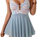 B2prity Women's One Piece Swim Dress Swimsuit Tummy Control V Neck Swimdress Mesh Bathing Suit Skirt U Ring Swimwear 2XL